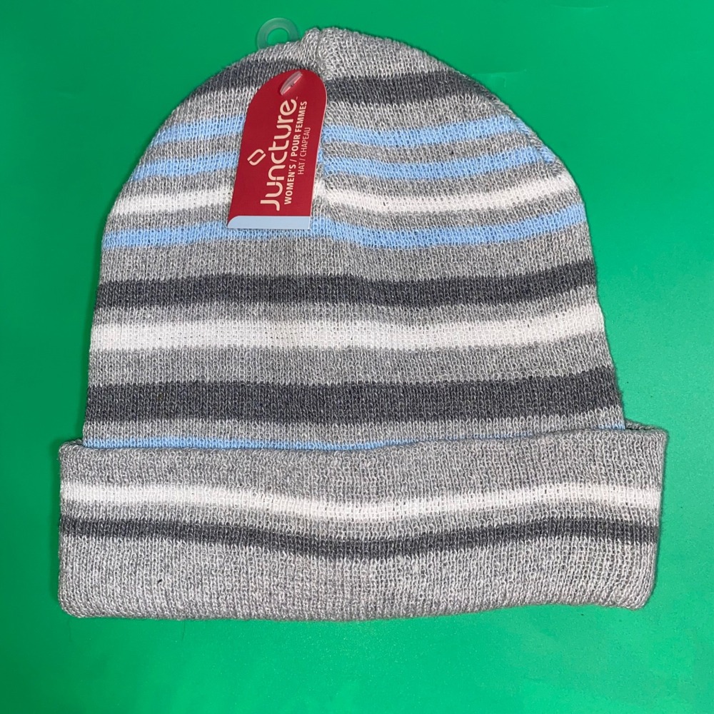 Women's Striped Beanie Hat Juncture Gray White Blue Knit Winter Warm‎